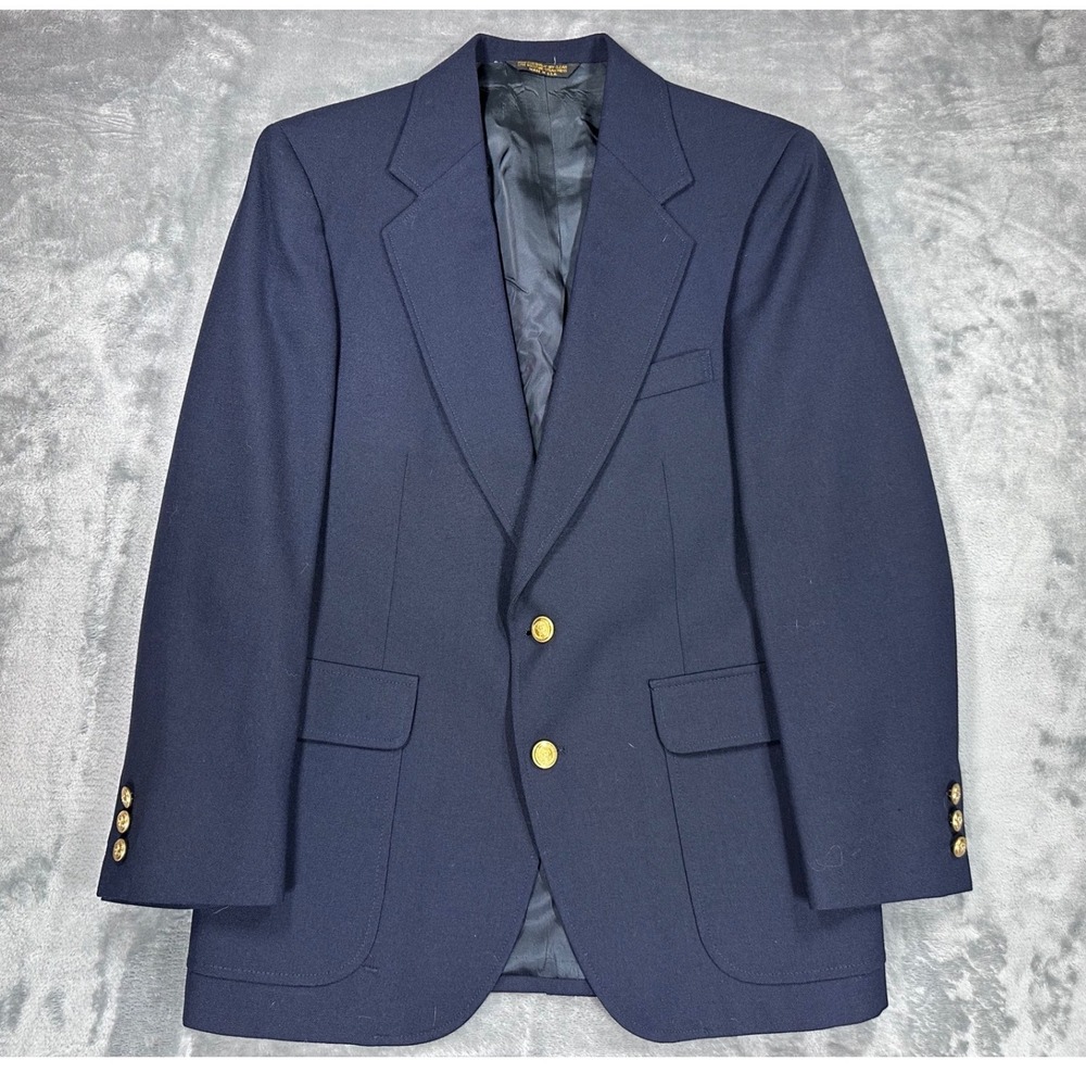 Adams Row Mens Navy Blue Blazer Gold Crest Buttons Vintage USA Made 40 Short